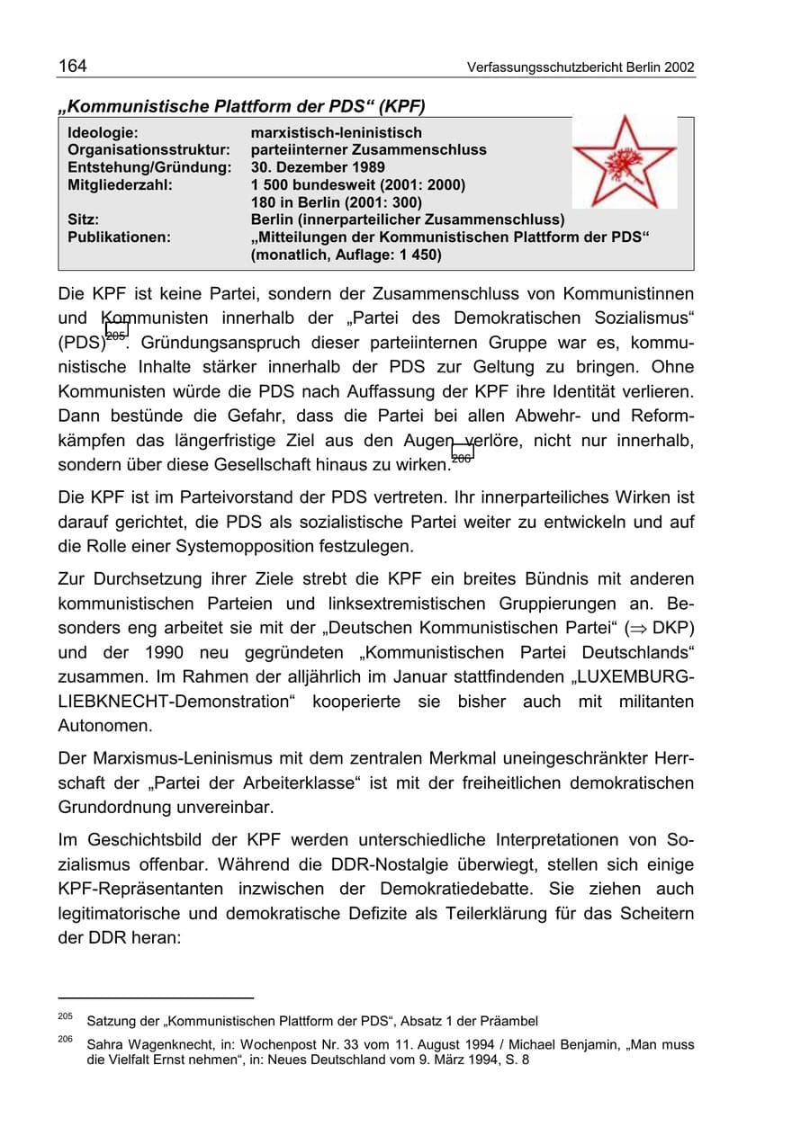 Seite 168 des Verfassungsschutzbericht 2002 Berlin