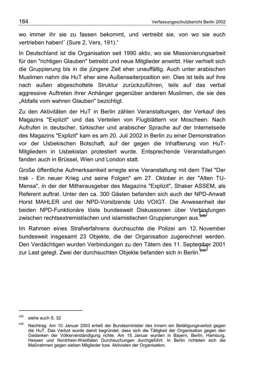 Seite 188 des Verfassungsschutzbericht 2002 Berlin
