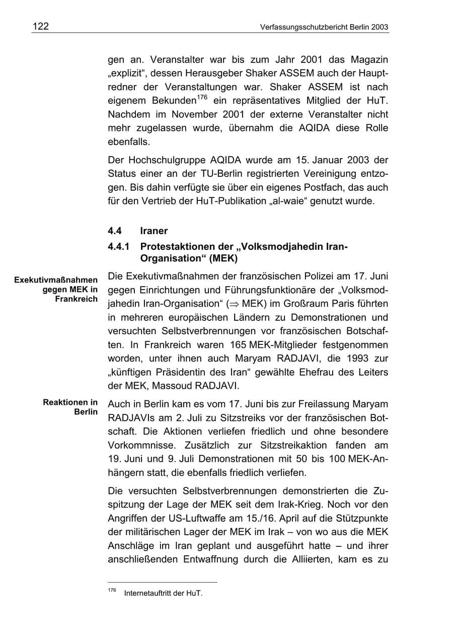 Seite 122 des Verfassungsschutzbericht 2003 Berlin