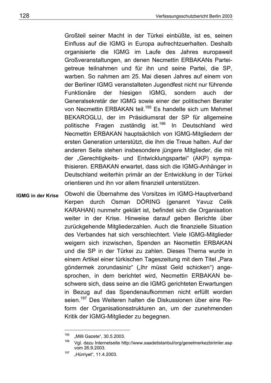 Seite 128 des Verfassungsschutzbericht 2003 Berlin