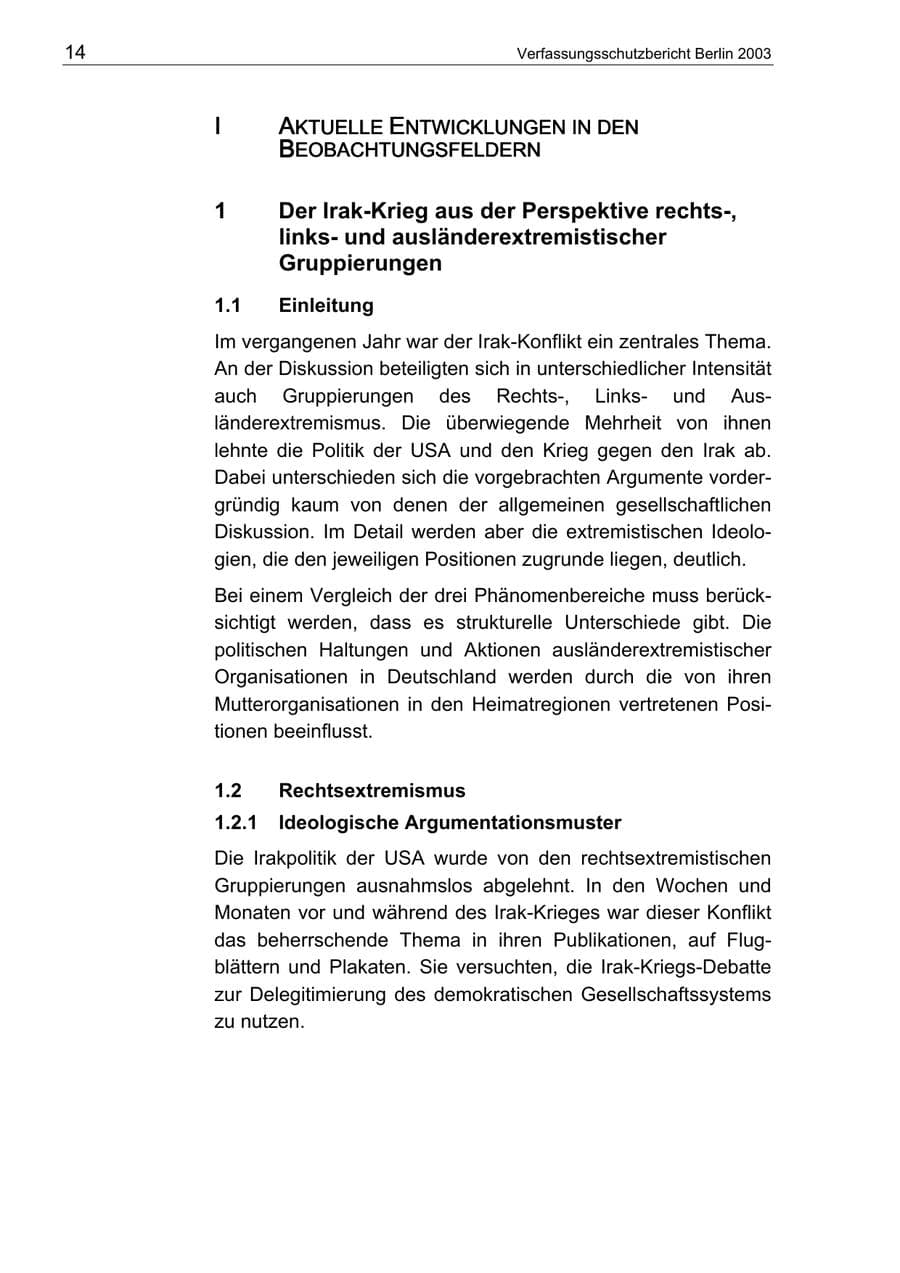 Seite 14 des Verfassungsschutzbericht 2003 Berlin