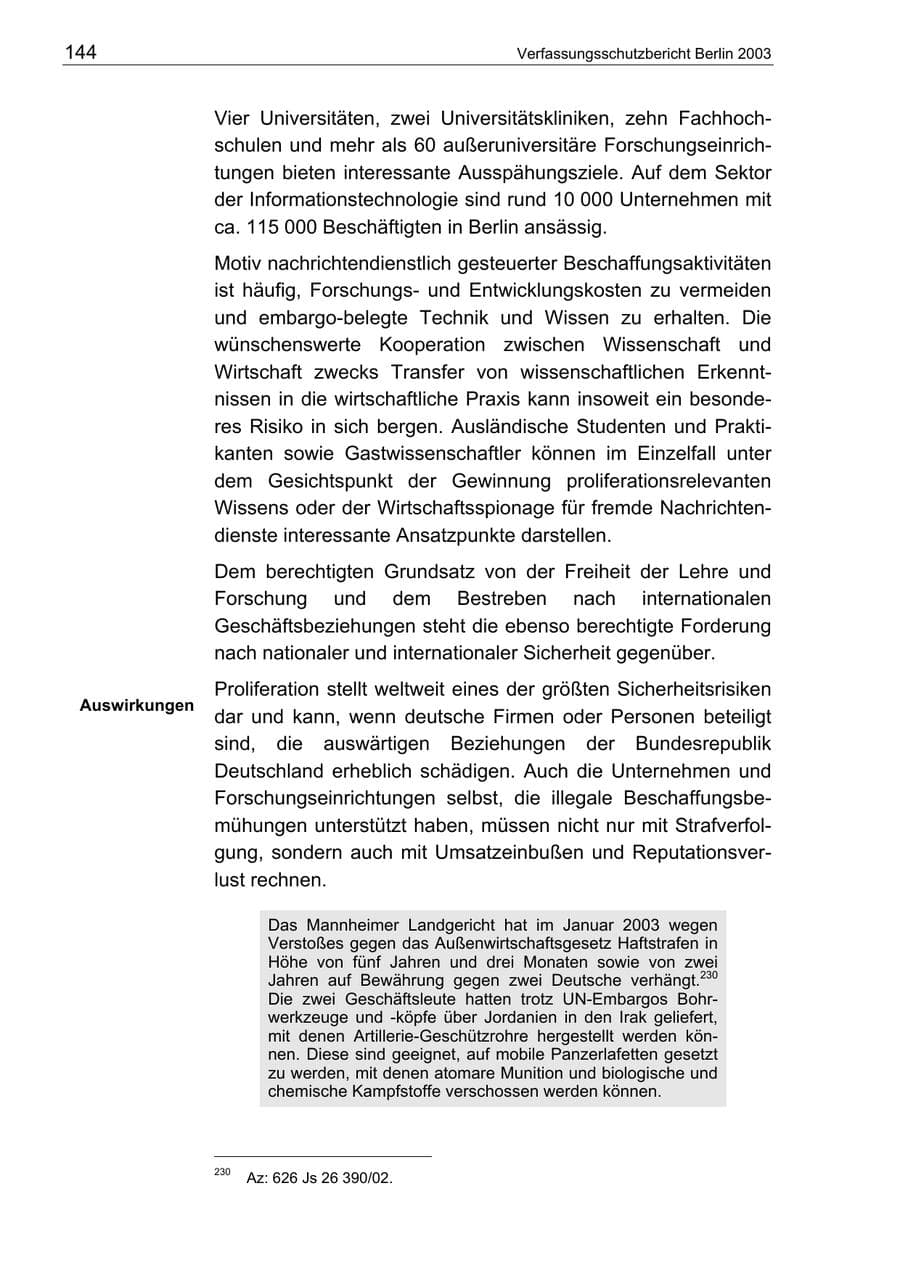 Seite 144 des Verfassungsschutzbericht 2003 Berlin