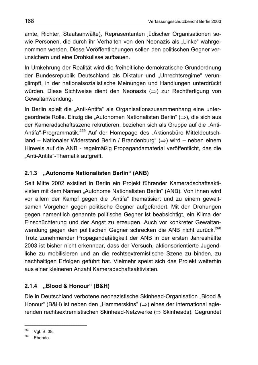 Seite 168 des Verfassungsschutzbericht 2003 Berlin