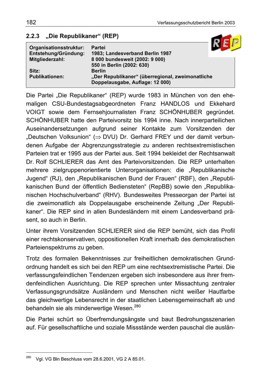 Seite 182 des Verfassungsschutzbericht 2003 Berlin