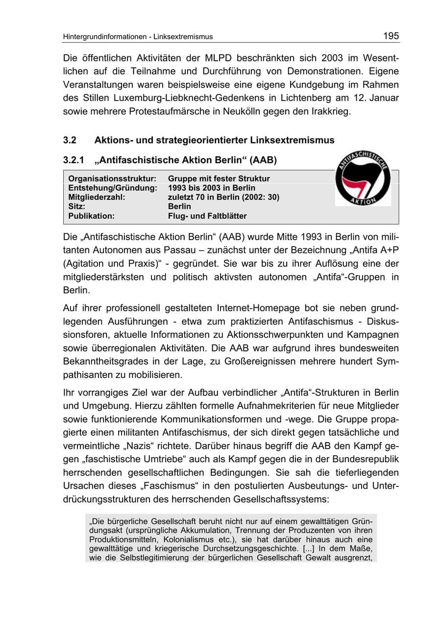 Seite 195 des Verfassungsschutzbericht 2003 Berlin