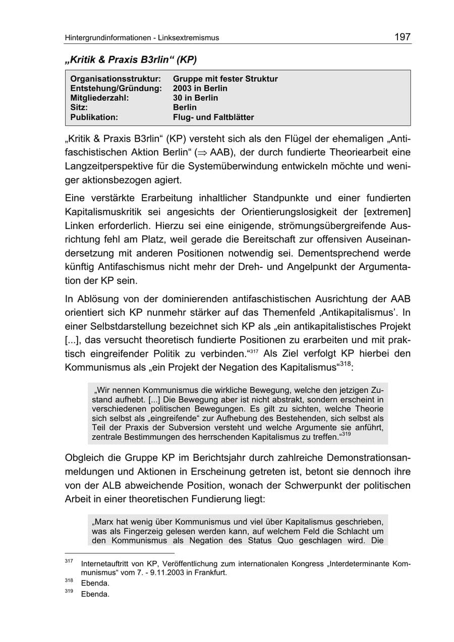 Seite 197 des Verfassungsschutzbericht 2003 Berlin