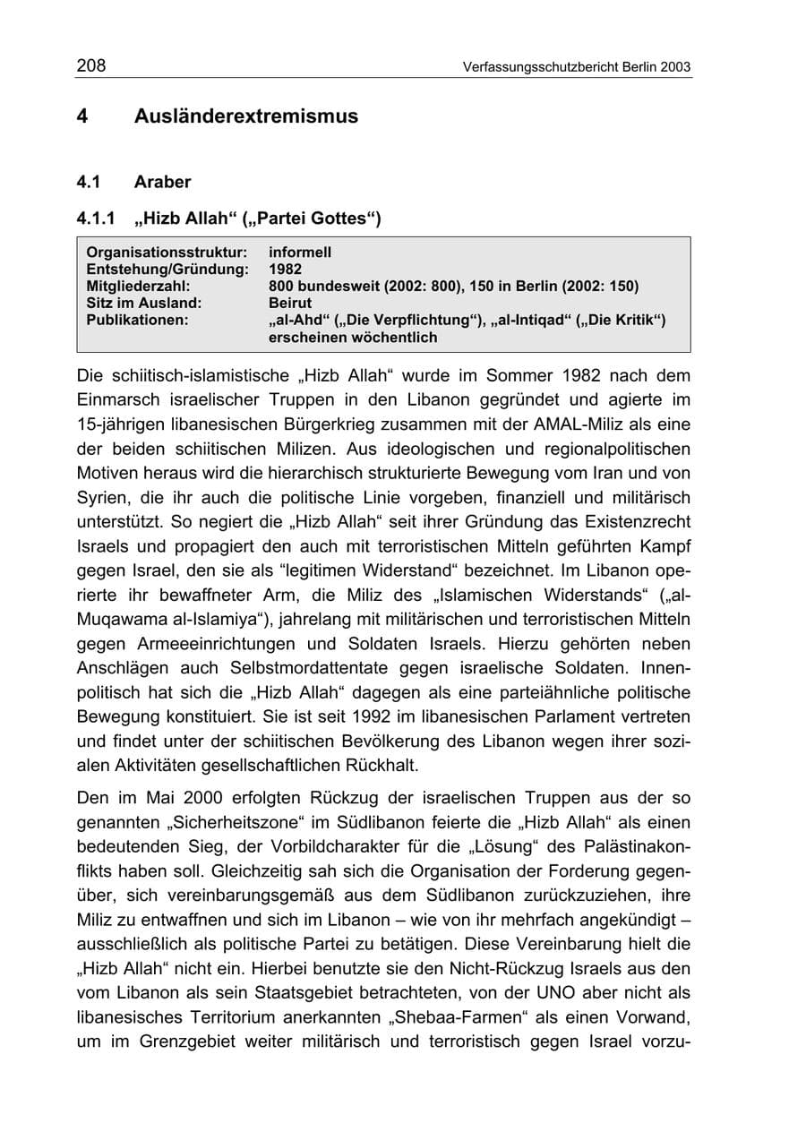 Seite 208 des Verfassungsschutzbericht 2003 Berlin