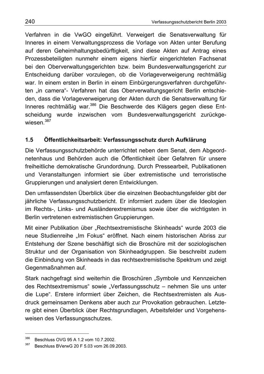 Seite 240 des Verfassungsschutzbericht 2003 Berlin