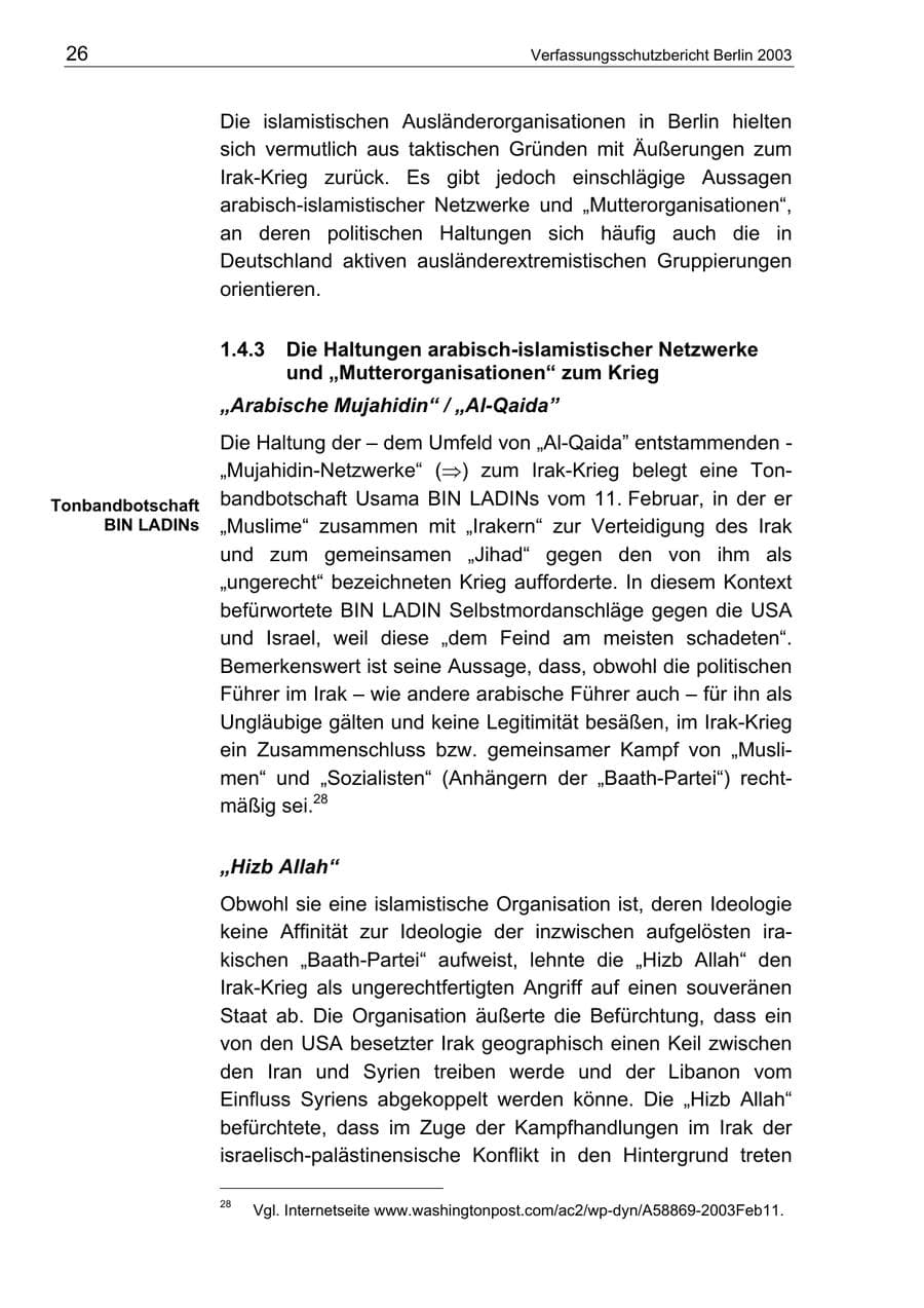 Seite 26 des Verfassungsschutzbericht 2003 Berlin