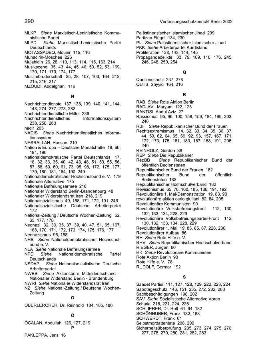 Seite 290 des Verfassungsschutzbericht 2003 Berlin
