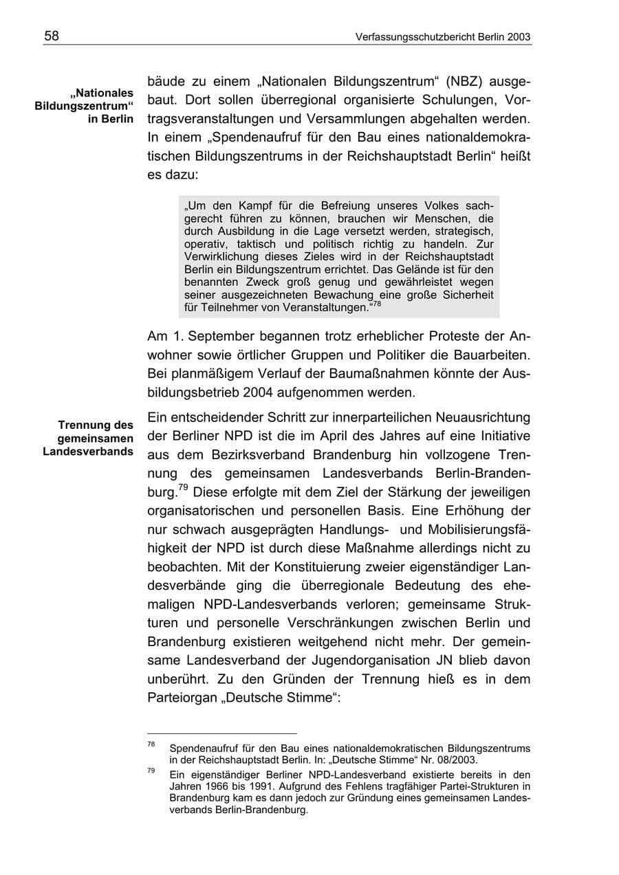 Seite 58 des Verfassungsschutzbericht 2003 Berlin