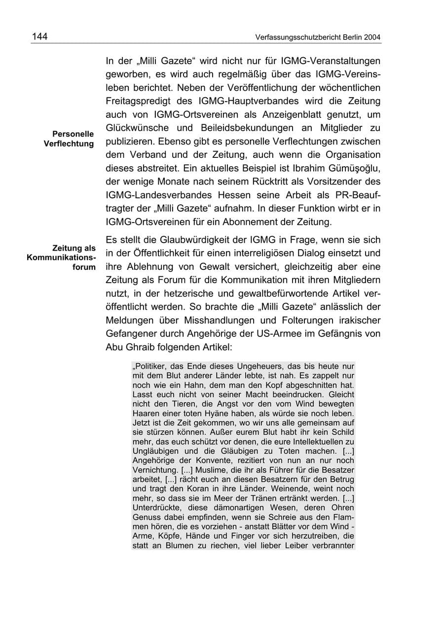 Seite 144 des Verfassungsschutzbericht 2004 Berlin