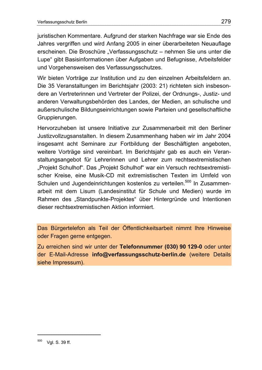Seite 279 des Verfassungsschutzbericht 2004 Berlin