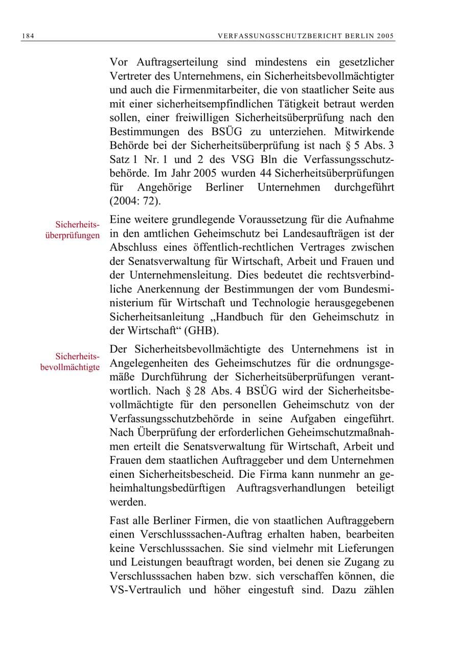 Seite 185 des Verfassungsschutzbericht 2005 Berlin