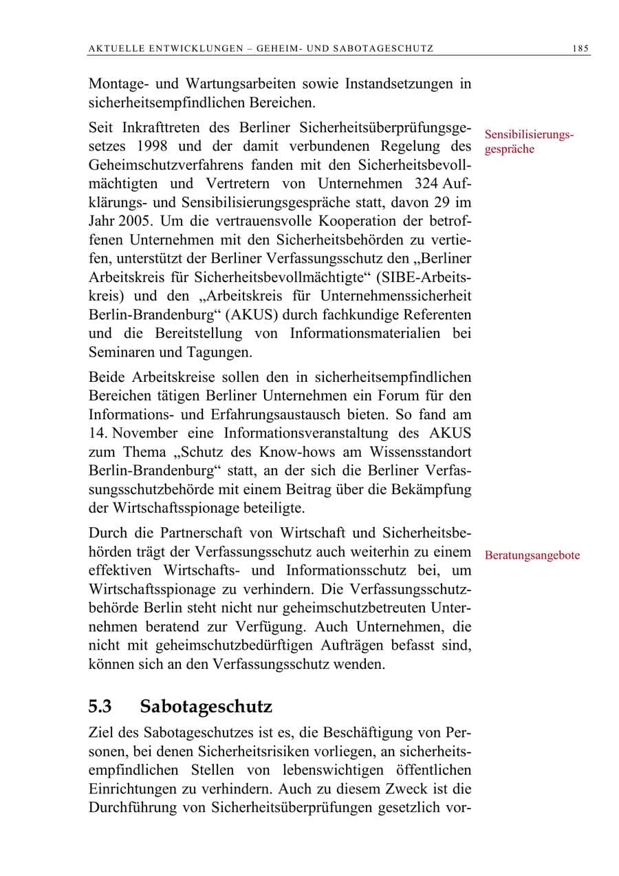 Seite 186 des Verfassungsschutzbericht 2005 Berlin