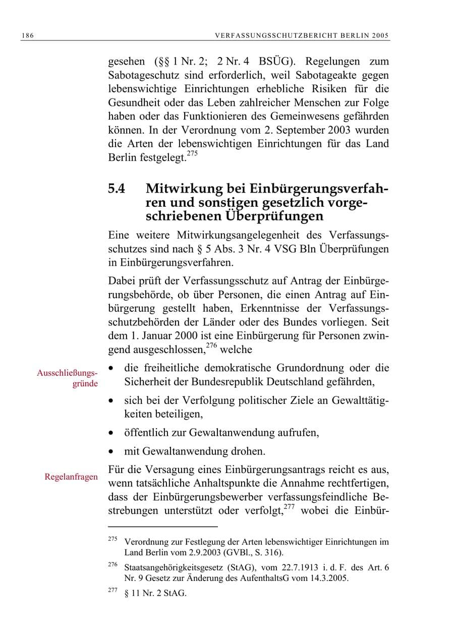 Seite 187 des Verfassungsschutzbericht 2005 Berlin