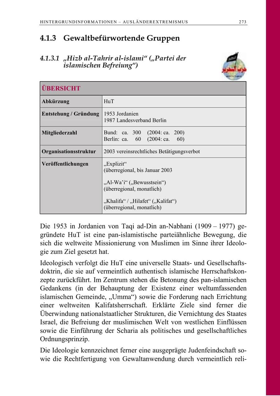 Seite 274 des Verfassungsschutzbericht 2005 Berlin