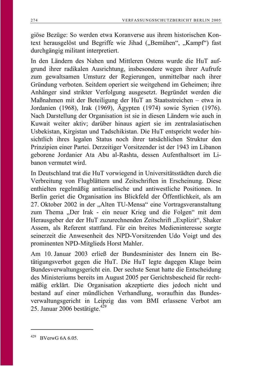 Seite 275 des Verfassungsschutzbericht 2005 Berlin