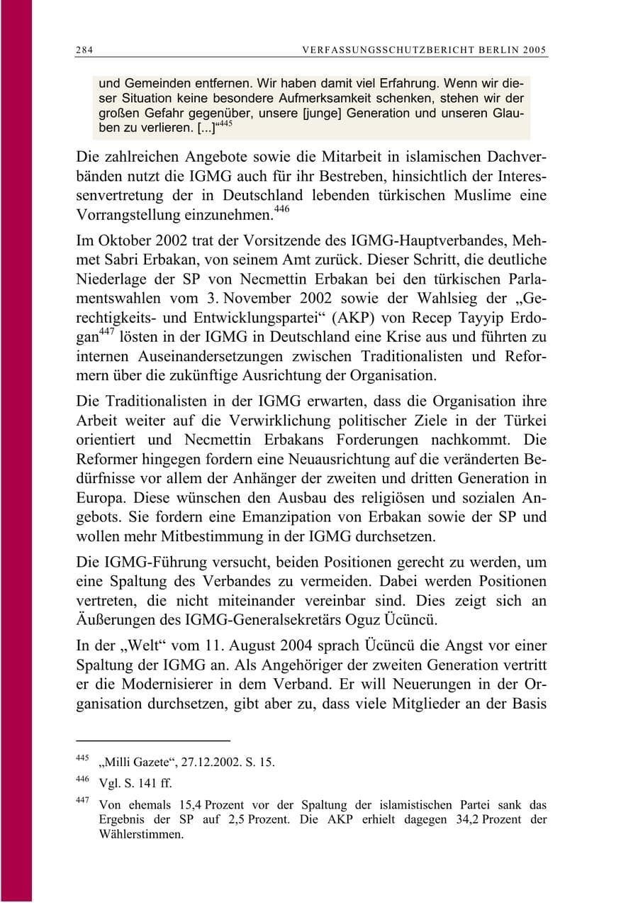 Seite 285 des Verfassungsschutzbericht 2005 Berlin