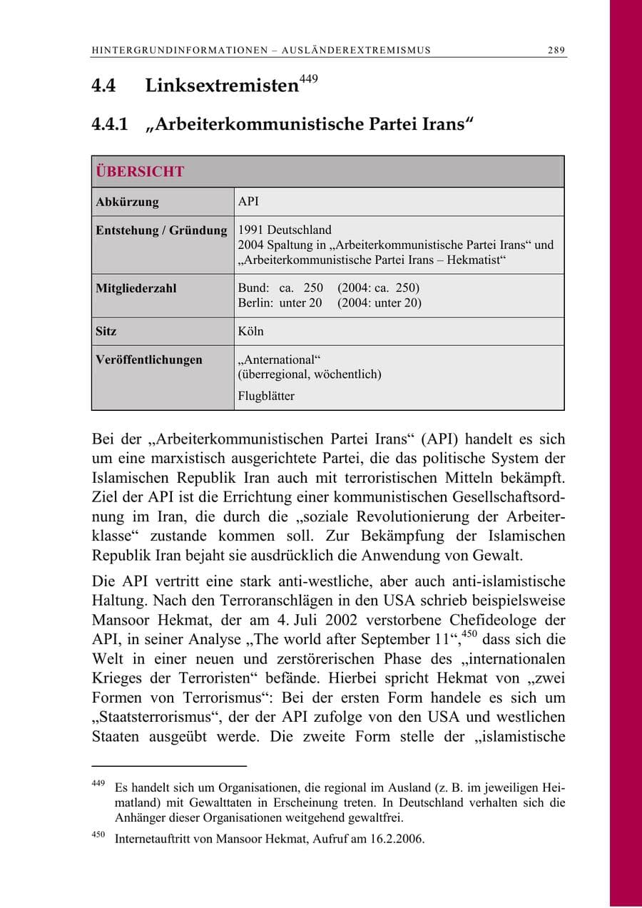 Seite 290 des Verfassungsschutzbericht 2005 Berlin