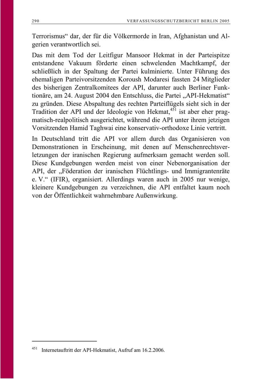 Seite 291 des Verfassungsschutzbericht 2005 Berlin