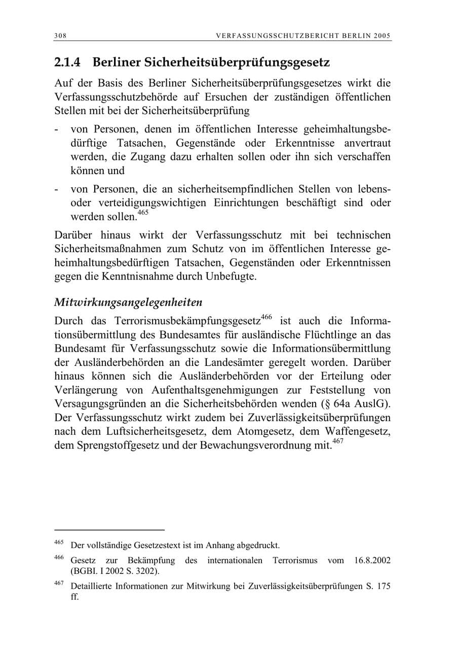 Seite 309 des Verfassungsschutzbericht 2005 Berlin