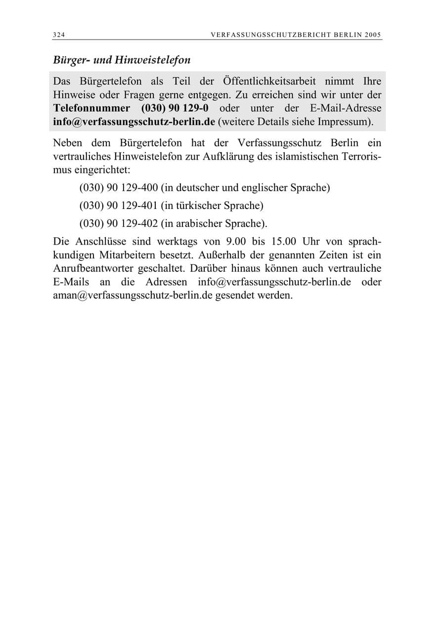Seite 325 des Verfassungsschutzbericht 2005 Berlin