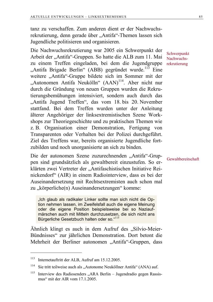 Seite 86 des Verfassungsschutzbericht 2005 Berlin