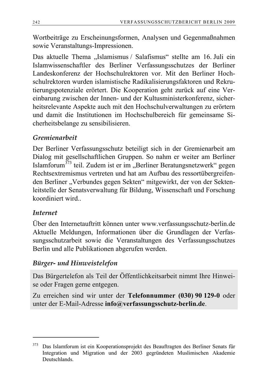 Seite 255 des Verfassungsschutzbericht 2009 Berlin