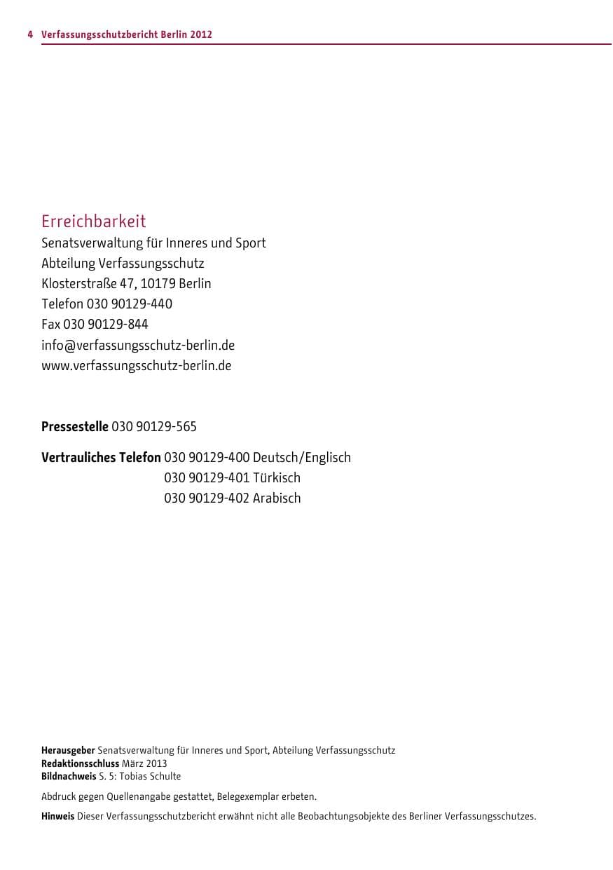 Seite 2 des Verfassungsschutzbericht 2012 Berlin
