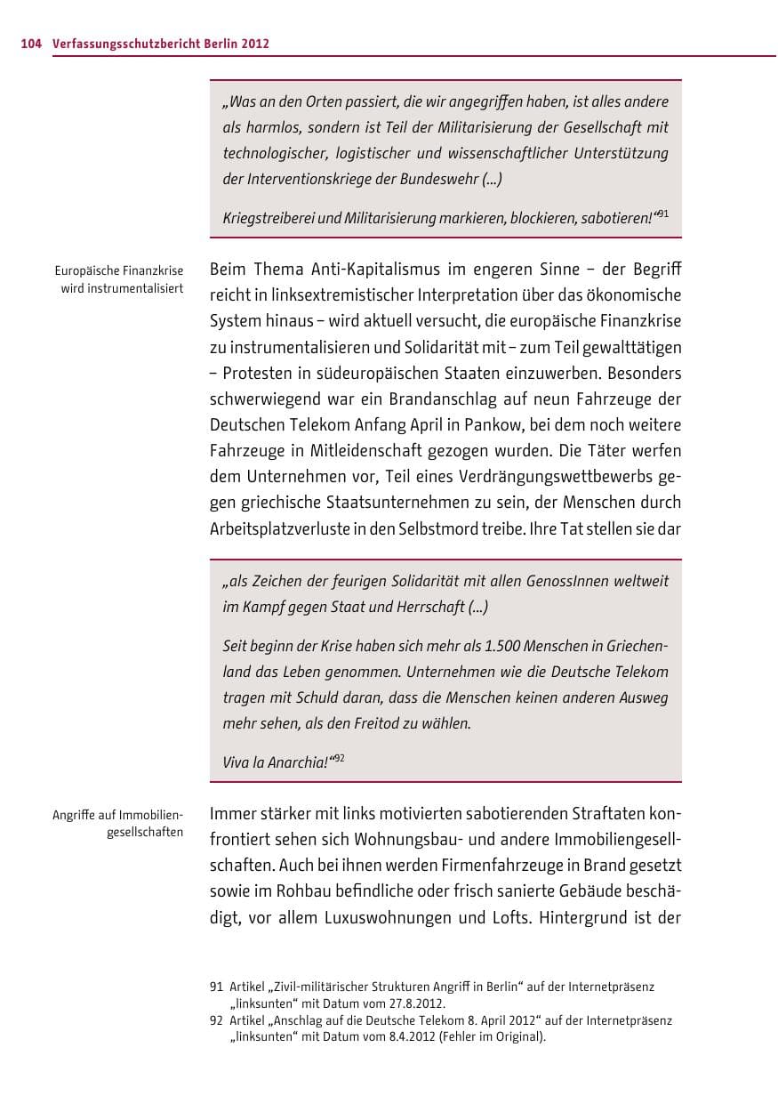 Seite 102 des Verfassungsschutzbericht 2012 Berlin
