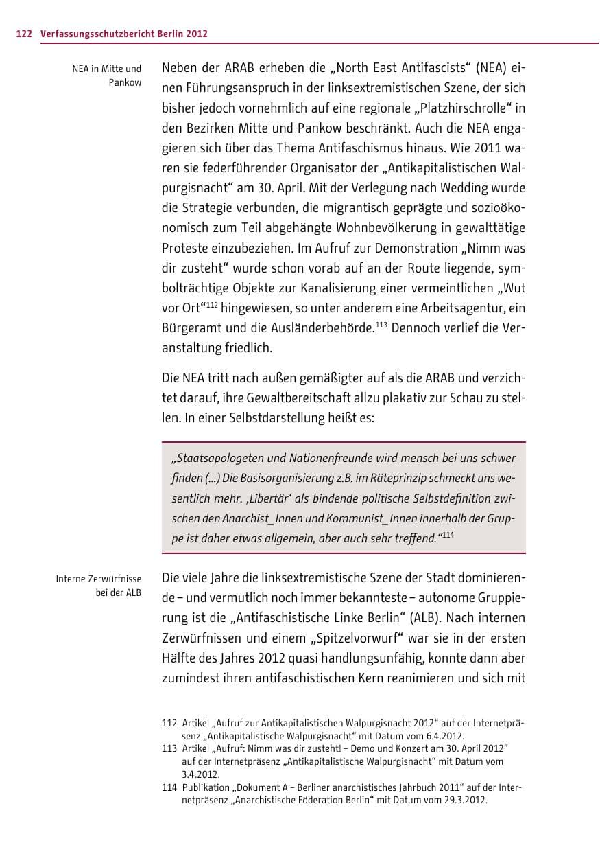 Seite 120 des Verfassungsschutzbericht 2012 Berlin