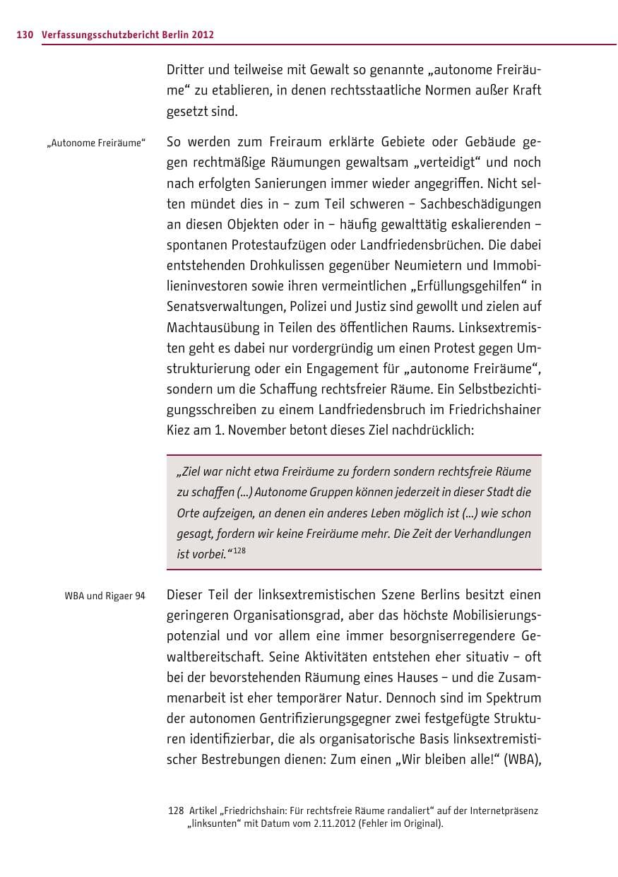 Seite 128 des Verfassungsschutzbericht 2012 Berlin