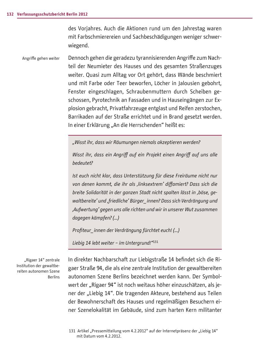 Seite 130 des Verfassungsschutzbericht 2012 Berlin