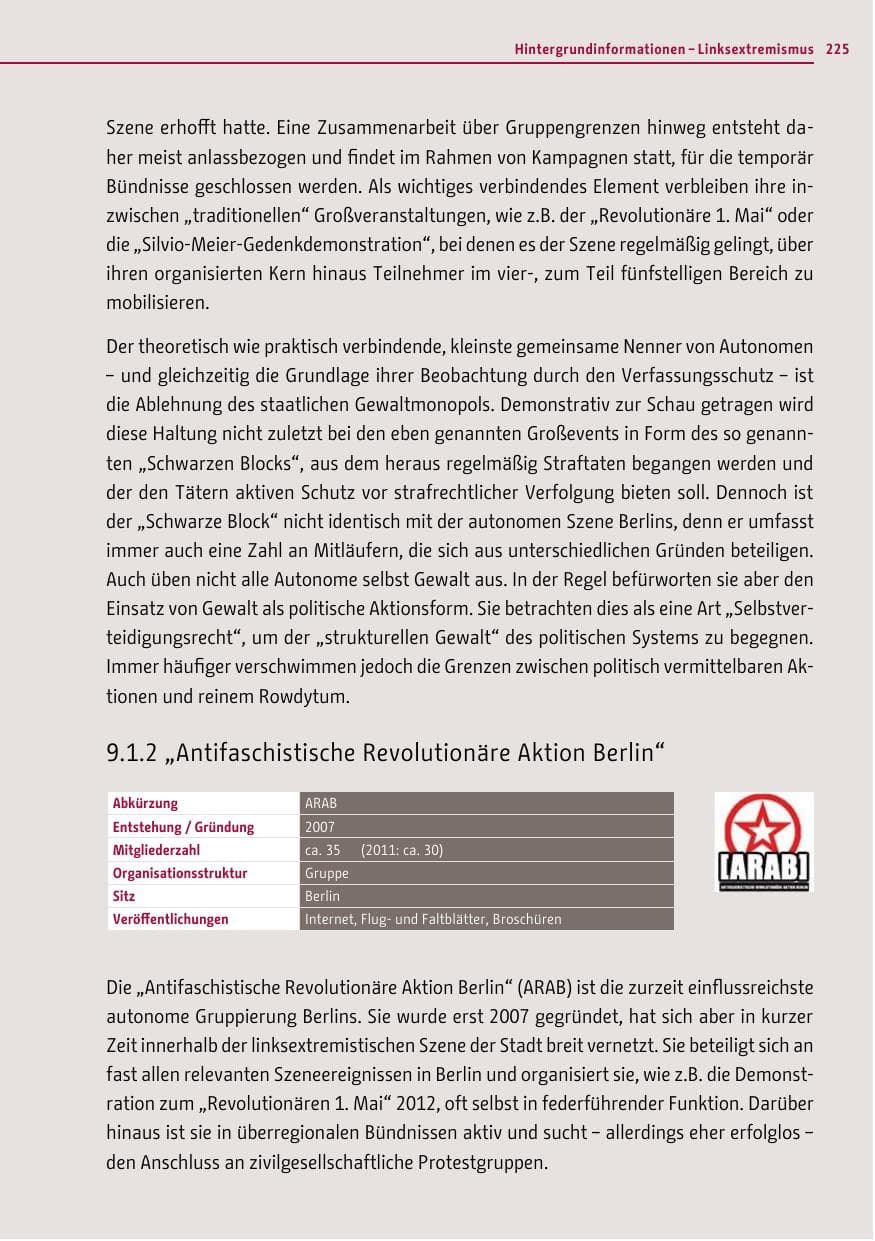 Seite 223 des Verfassungsschutzbericht 2012 Berlin