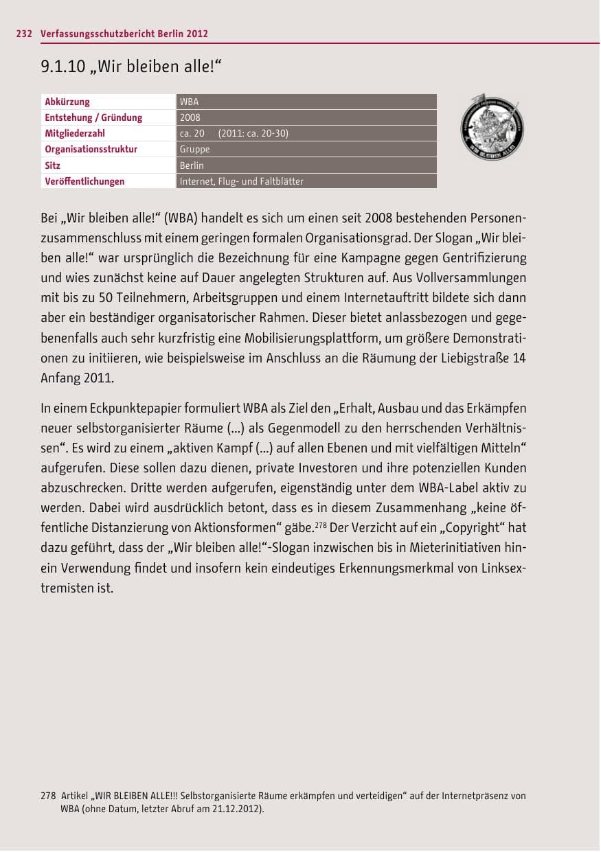 Seite 230 des Verfassungsschutzbericht 2012 Berlin