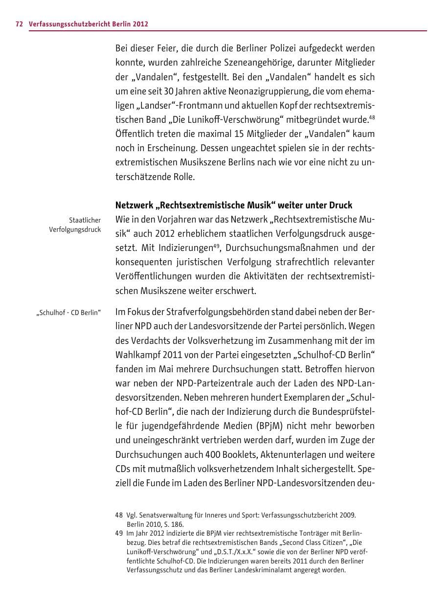 Seite 70 des Verfassungsschutzbericht 2012 Berlin