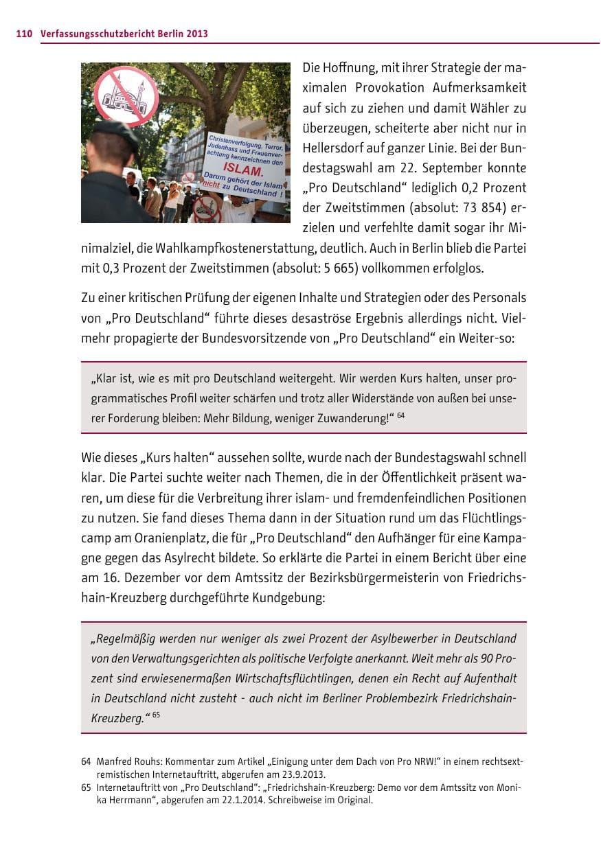 Seite 110 des Verfassungsschutzbericht 2013 Berlin