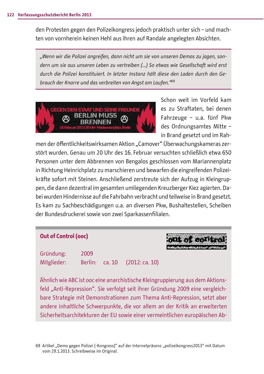 Seite 122 des Verfassungsschutzbericht 2013 Berlin