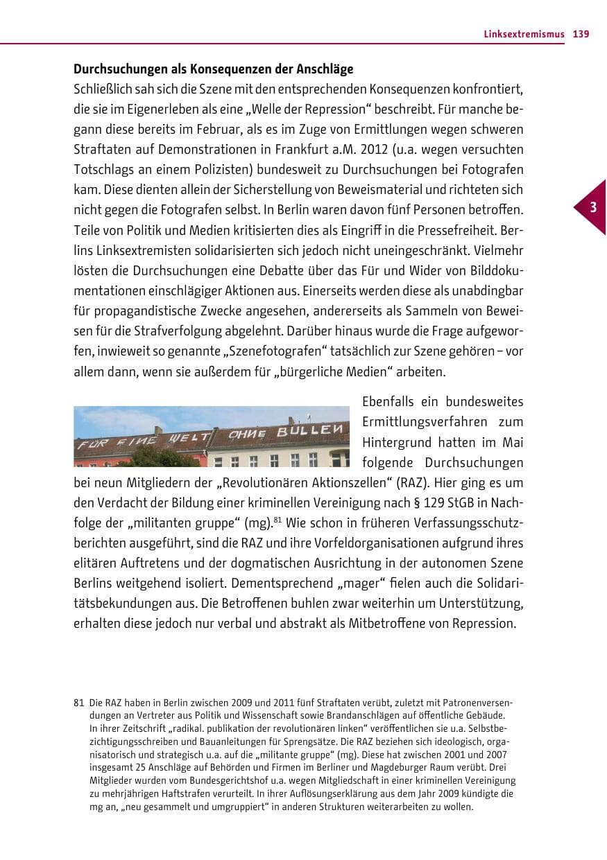 Seite 139 des Verfassungsschutzbericht 2013 Berlin