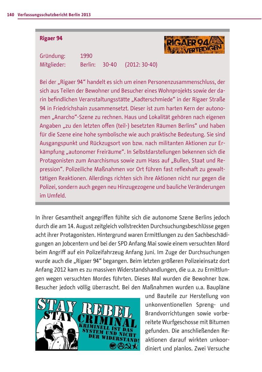 Seite 140 des Verfassungsschutzbericht 2013 Berlin