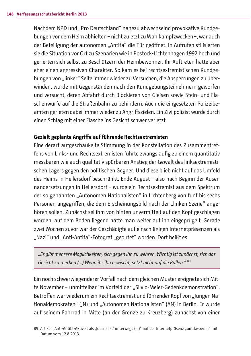 Seite 148 des Verfassungsschutzbericht 2013 Berlin