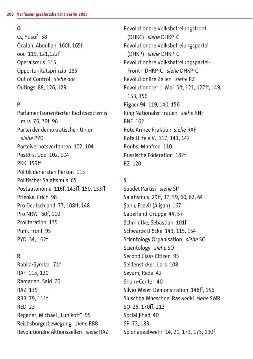 Seite 208 des Verfassungsschutzbericht 2013 Berlin