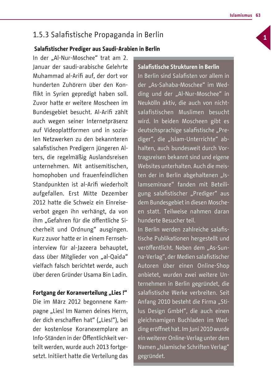 Seite 63 des Verfassungsschutzbericht 2013 Berlin