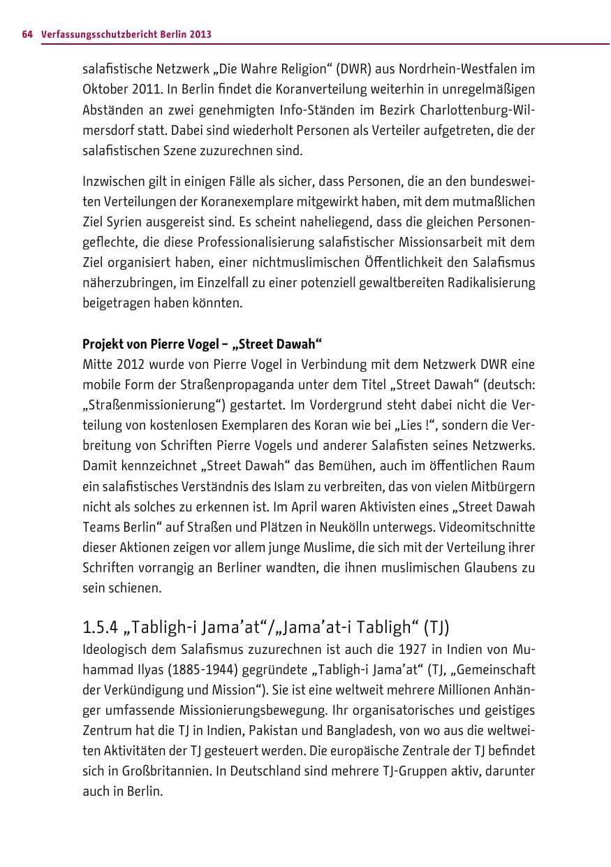 Seite 64 des Verfassungsschutzbericht 2013 Berlin