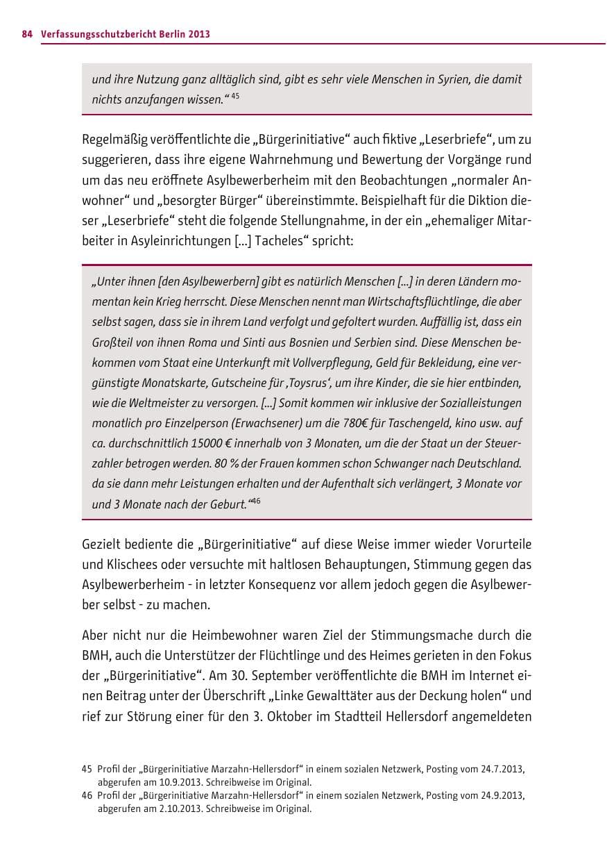 Seite 84 des Verfassungsschutzbericht 2013 Berlin