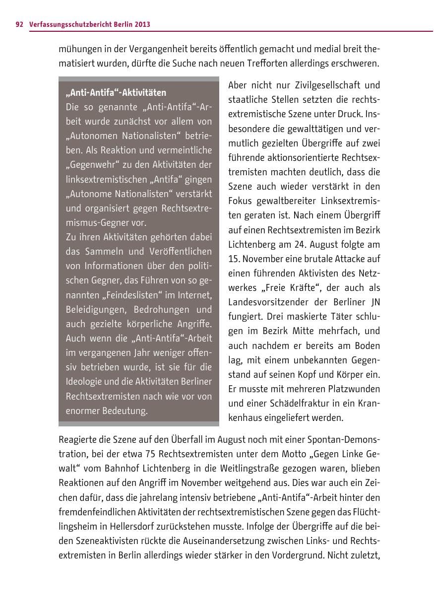 Seite 92 des Verfassungsschutzbericht 2013 Berlin