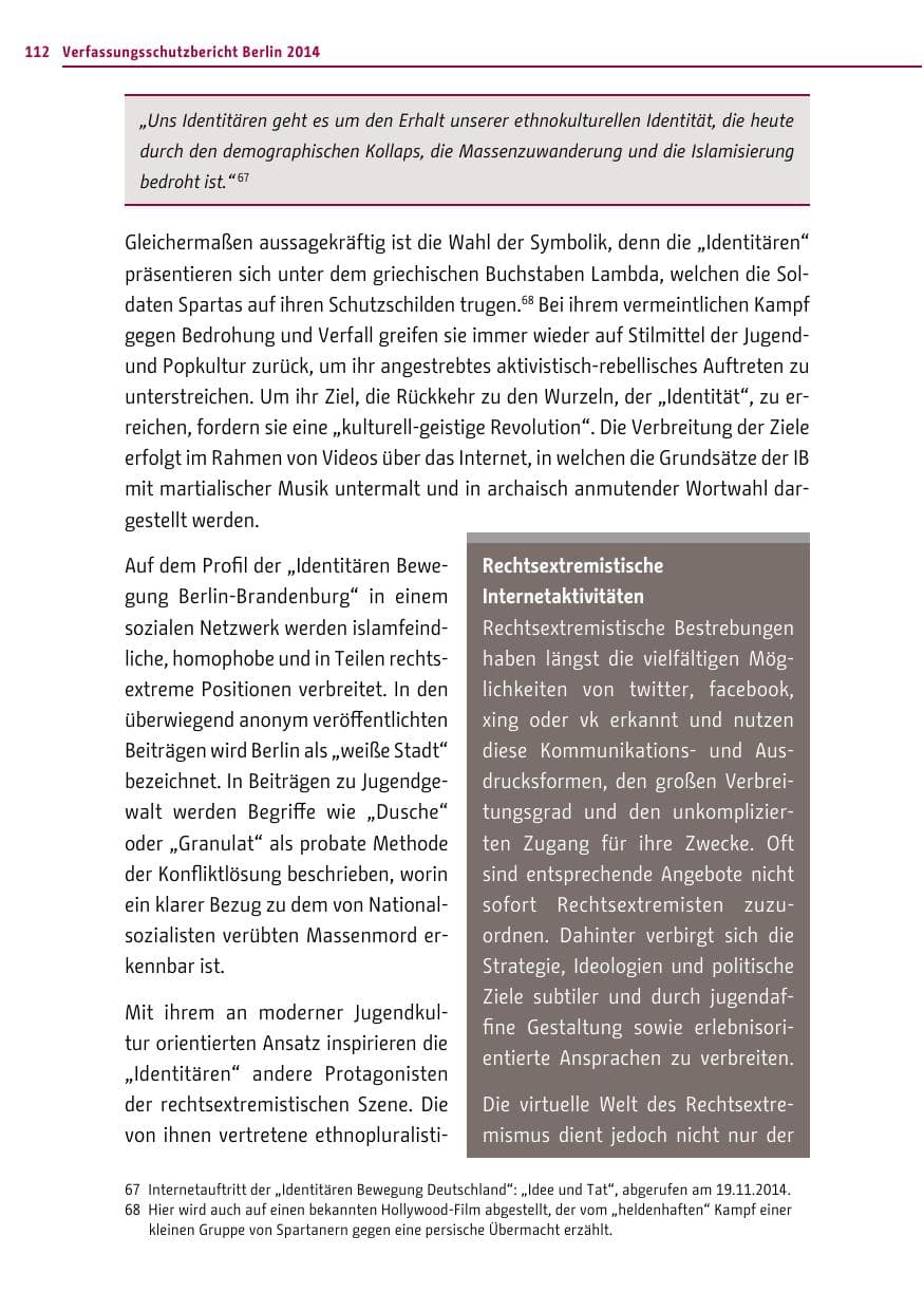 Seite 112 des Verfassungsschutzbericht 2014 Berlin