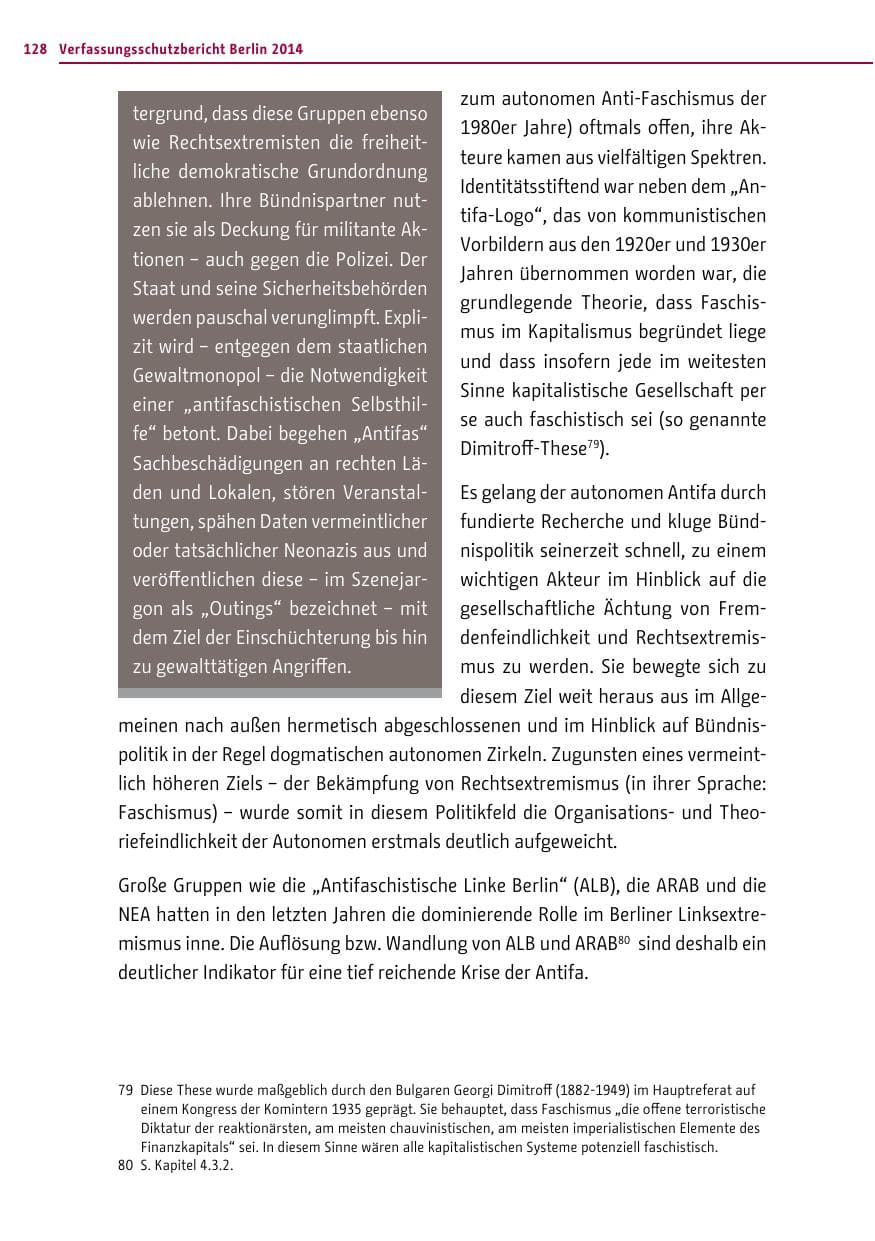 Seite 128 des Verfassungsschutzbericht 2014 Berlin