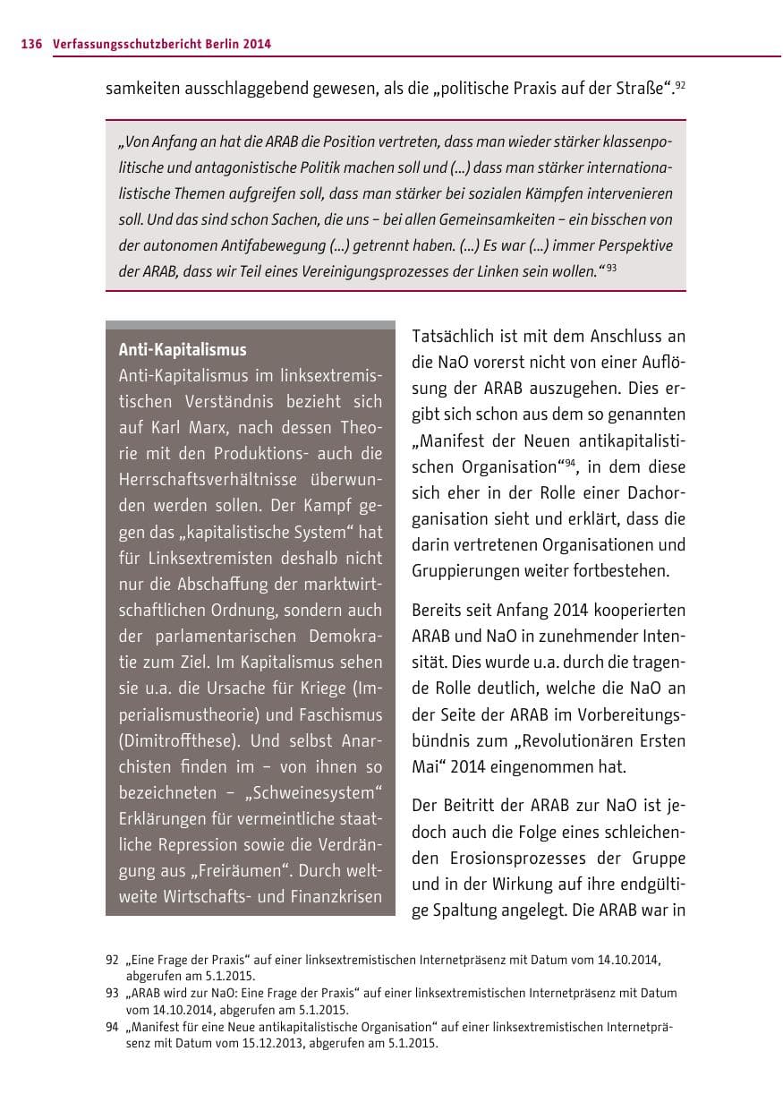 Seite 136 des Verfassungsschutzbericht 2014 Berlin